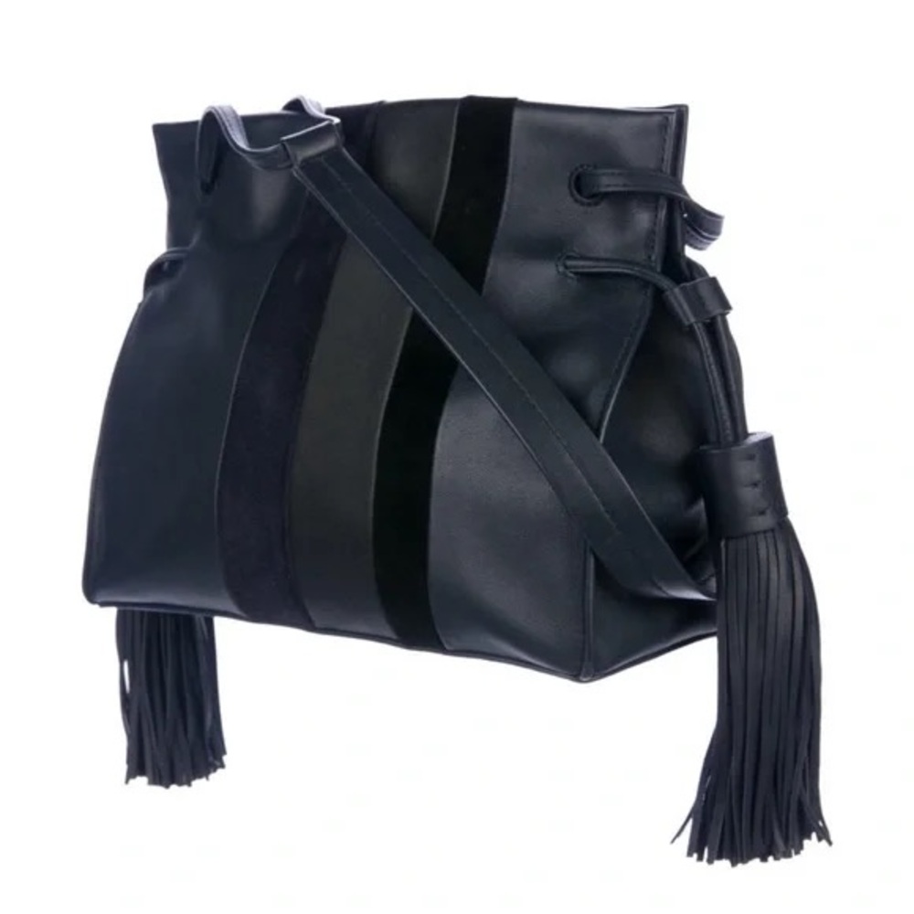 All Saints Navy Leather Shoulder Bag with Fringe